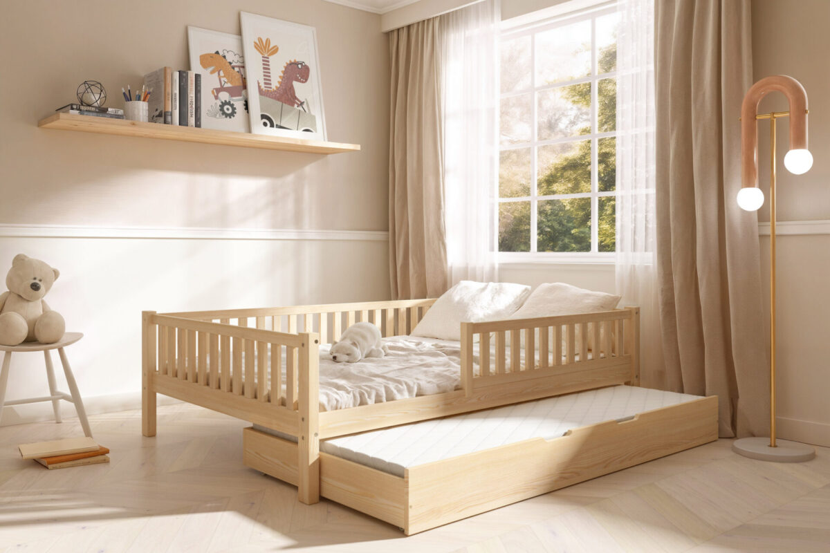 sztachetki_szuflada_materac Hochwertiges Kinderbett ABETE XL mit Schublade (Schnellversand48) aus Massivholz