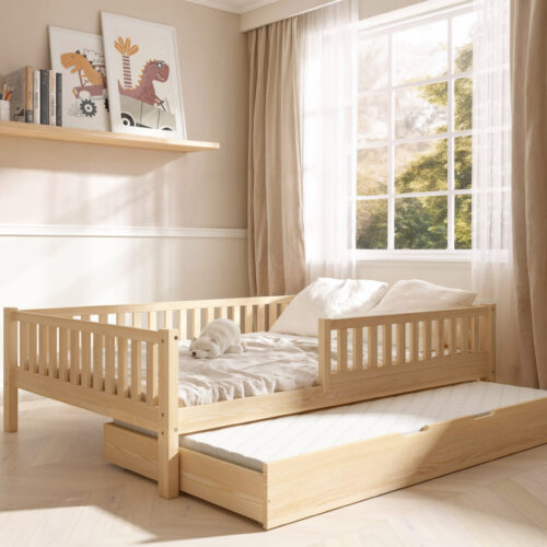 sztachetki_szuflada_materac Hochwertiges Kinderbett ABETE XL mit Schublade (Schnellversand48) aus Massivholz