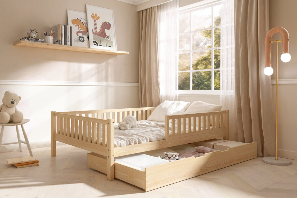 sztachetki_szuflada_pojemnik Kinderbett ABETE XL mit Schublade (Schnellversand48) aus Holz
